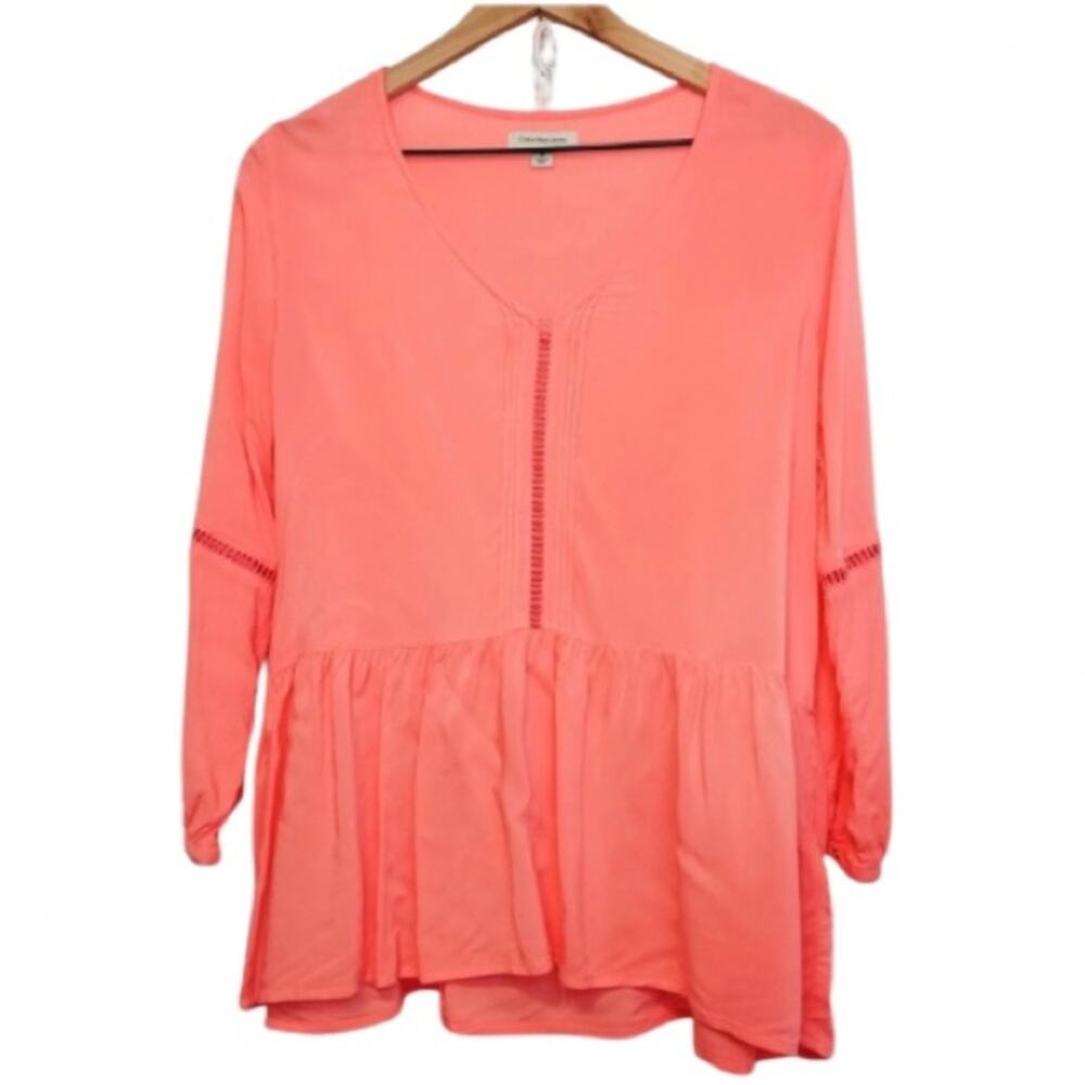 Calvin Klein Jeans Coral Pink Orange Eyelet Long Sleeve Tunic Blouse Top Medium
